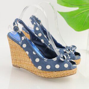 Seychelles Womens Sandals Size 8 Blue White Denim Polkadot Slingback Wedge Bow